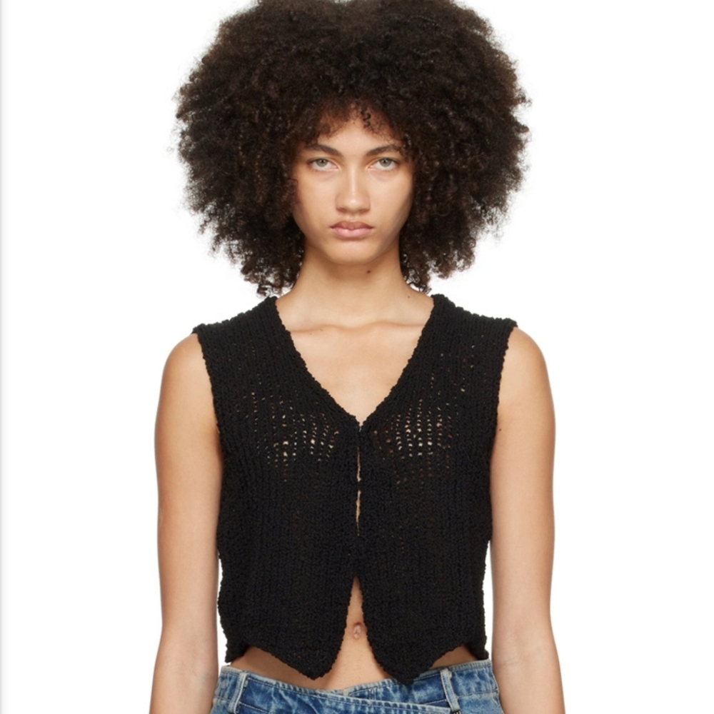 The Open Product Black Crochet Knit Crop Sleeveless Cardigan Vest Open YY One Sz